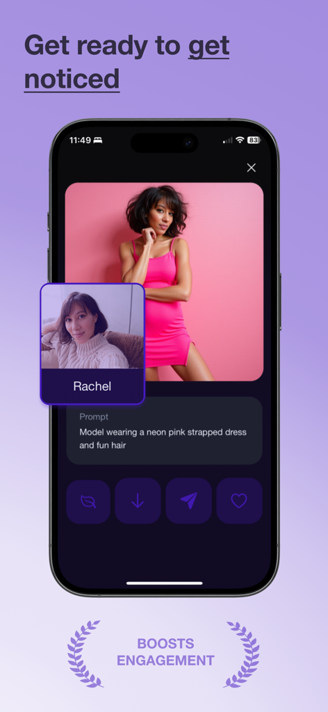 Real Photo AI App-Bildschirm, der eine Frau in einem rosa Kleid zeigt, die aus einem Selfie generiert wurde, um die Interaktion in sozialen Medien zu erhöhen.