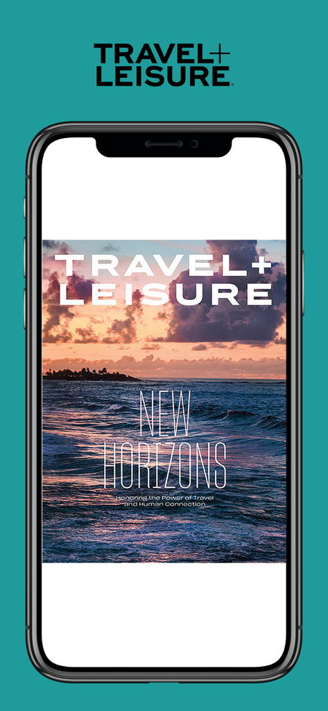 Travel + Leisure - A smartphone screen displaying the Travel and Leisure magazine cover with a sunset over the ocean