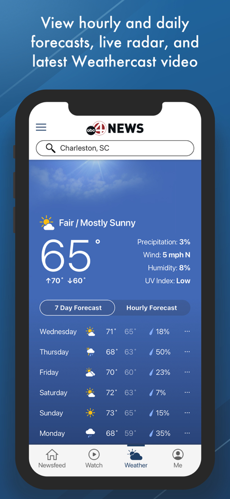 ABC NEWS 4 - ABC News 4 app screenshot showing the 7-day local weather forecast for Charleston, South Carolina
