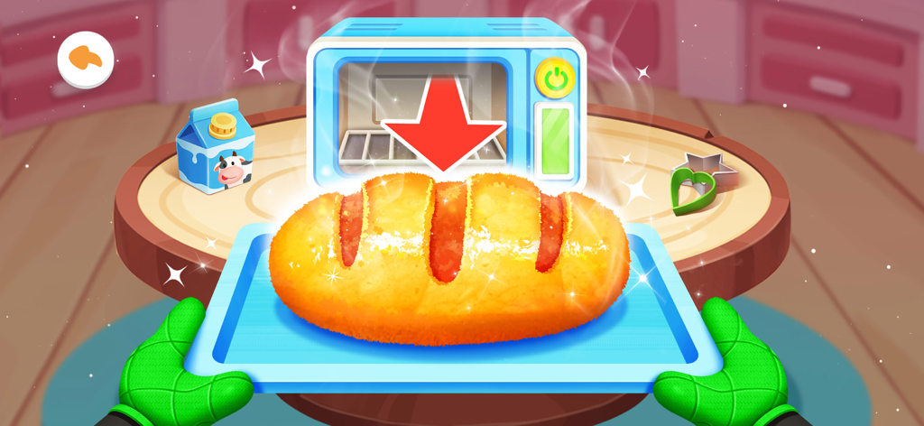 Pain doré fraîchement cuit sur un plateau bleu tenu par des maniques vertes