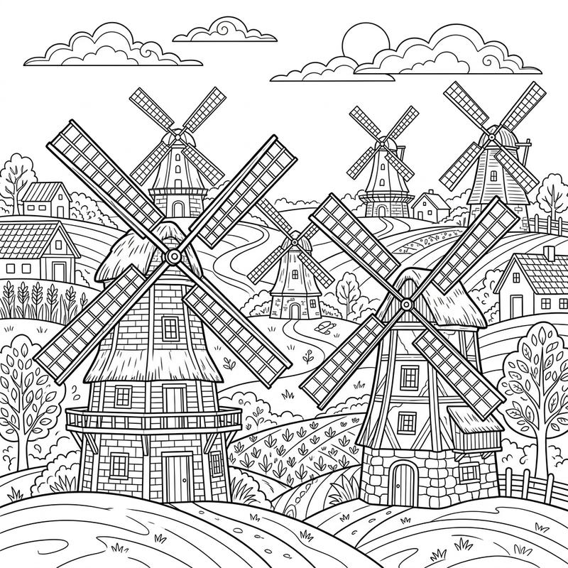 Embark on a nostalgic coloring adventure with this charming scene of historical windmills. Discover a picturesque landscape awaiting your creative touch, perfect for all ages.