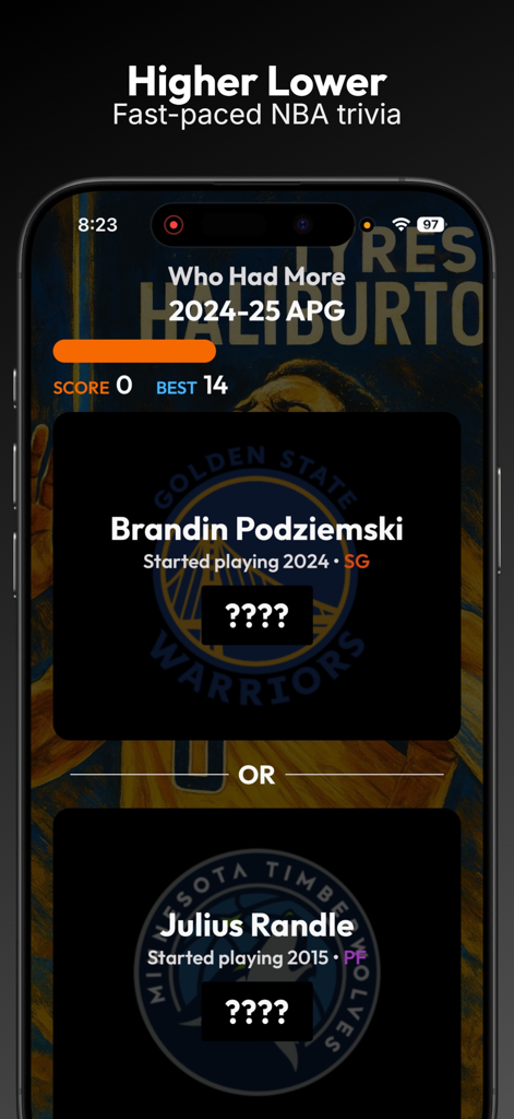 Blacktop Trivia - NBA trivia game screen showing a Higher Lower stat comparison between two basketball players.