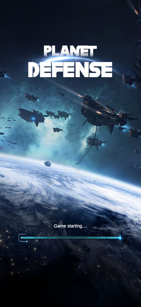 Planet Defense: Space TD game - Schermata di caricamento del gioco Planet Defense che mostra navi spaziali in orbita attorno a un pianeta con una barra di caricamento
