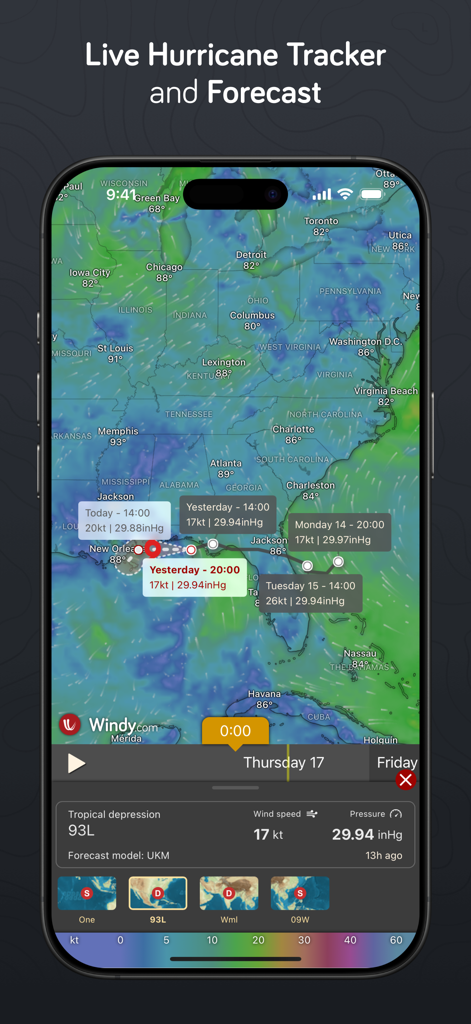 Interface of the Windy.com app showing a live hurricane tracker and forecast map over the Gulf Coast.