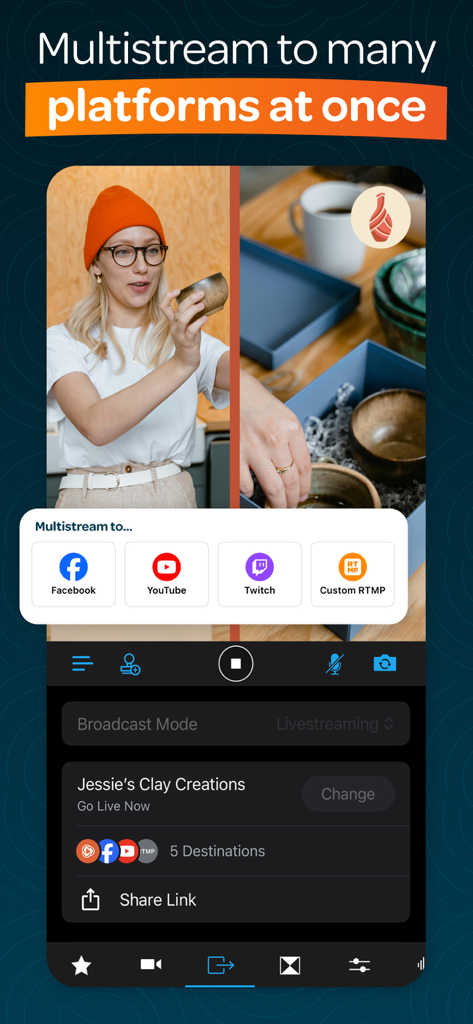 Switcher: Live Streaming App - FacebookとYouTubeのマルチストリーミングオプションを表示するSwitcherアプリのライブストリームインターフェース