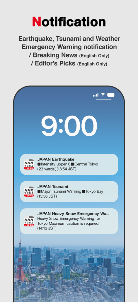 NHK WORLD-JAPAN - Pantalla de teléfono inteligente mostrando notificaciones push de NHK WORLD-JAPAN para alertas de emergencia de terremotos, tsunamis y clima