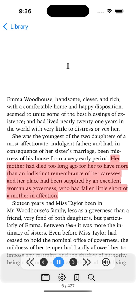 Libri Audiobooks - Interfaz de Libri Audiolibros mostrando una página de libro digital con texto resaltado y controles de audio.