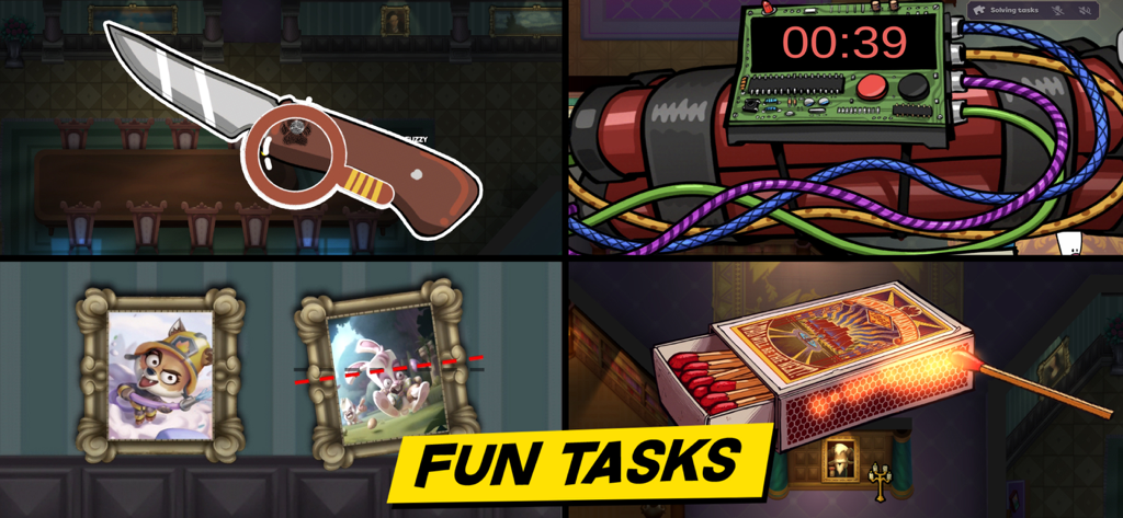 Suspects: Mystery Mansion - Collage de divers mini-jeux et tâches d'investigation dans Suspects Mystery Mansion