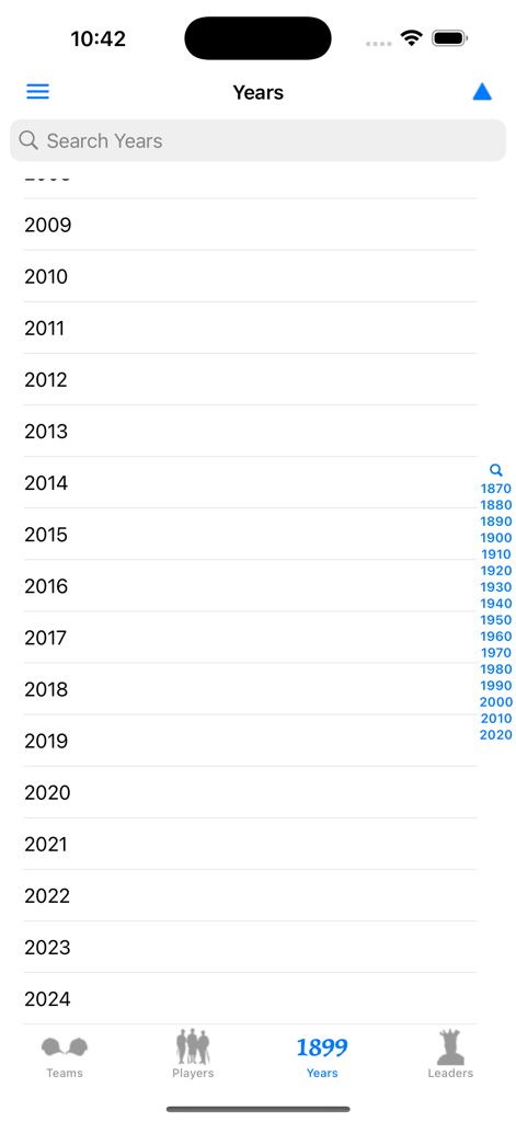 A list of historical baseball seasons from 2009 to 2024 in the Baseball Stats app