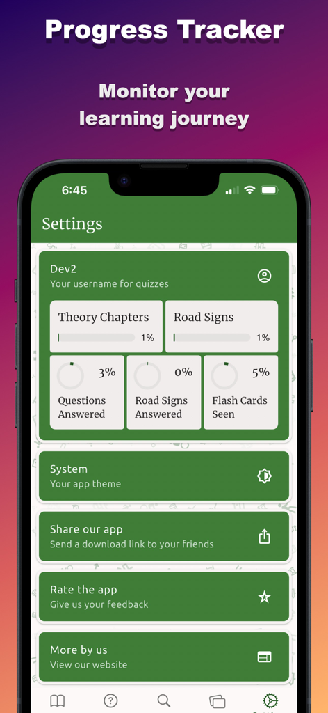 Zambia Highway Code - A mobile screen showing learning progress for theory chapters and road signs in the Zambia Highway Code app.