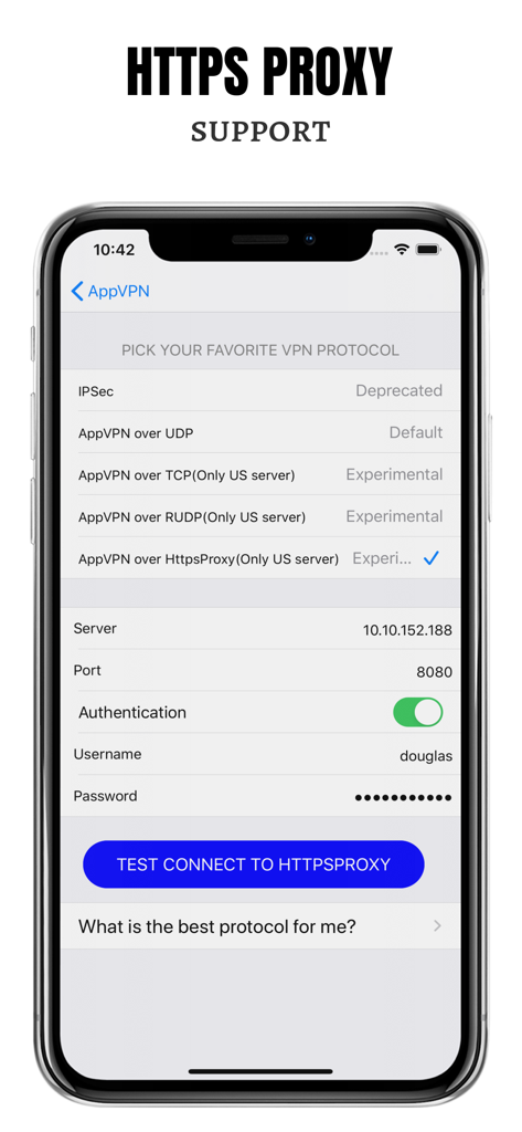 Best VPN Proxy AppVPN - AppVPN interface for choosing VPN protocols and configuring HTTPS proxy settings on an iPhone