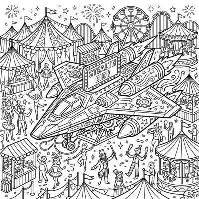 Discover an extraordinary coloring page where a sleek stealth craft takes center stage as a thrilling carnival ride. Immerse yourself in a vibrant fairground scene, ready for your creative touch.