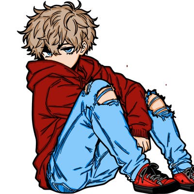 a male hoddie ripped jeans messy hair anime