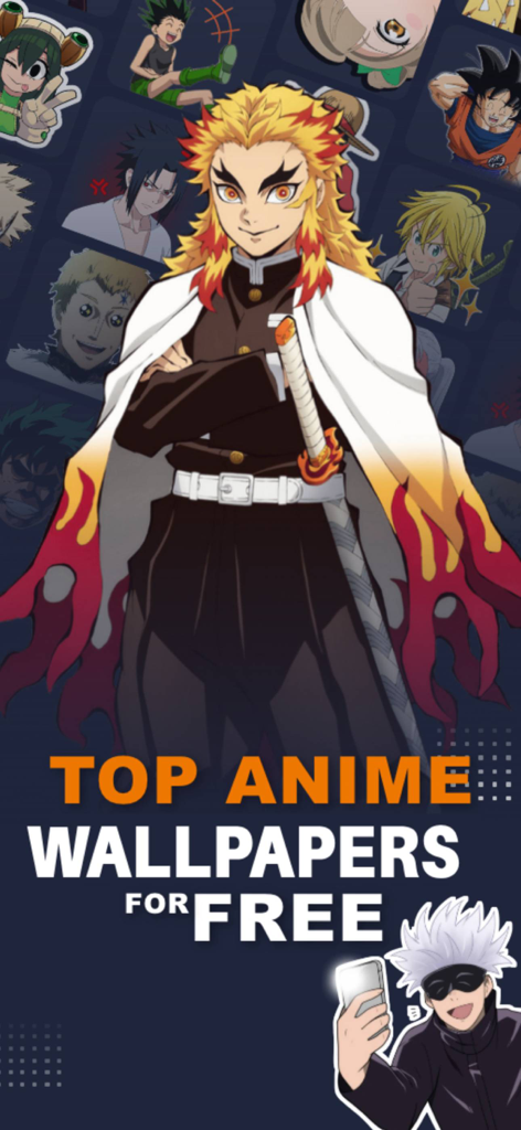 Anime Wallpaper 4k  - Otaku - Promotional screen showing popular anime characters like Rengoku with the text Top Anime Wallpapers For Free.