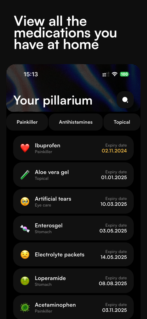 Pillo: Track Your Home Meds - Pillo app screen showing a digital inventory of household medications with their categories and expiration dates.