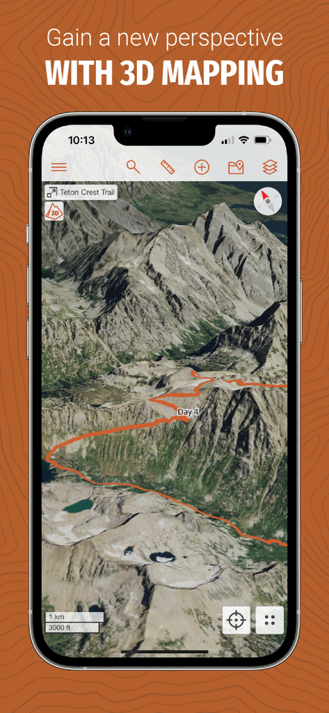 CalTopo: Backcountry Mapping - A 3D topographic map of a mountain range on the CalTopo app showing a planned backcountry trail.