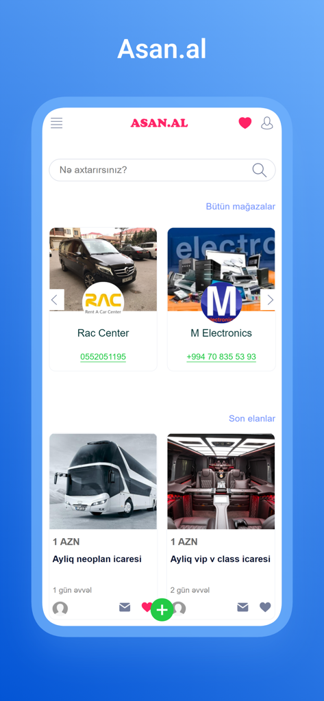 Asan.al - Asan.al mobile app interface showing free classified ads for car rentals and electronics in Azerbaijani.