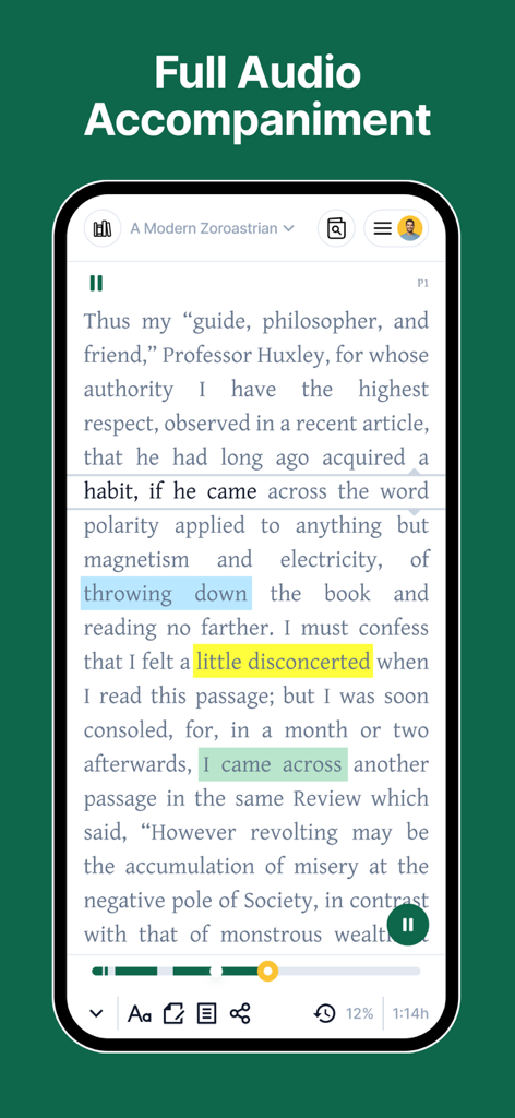Ocean 2.0 Interfaith Reader - Interface of the Ocean 2.0 app showing a religious text with highlighted passages and integrated audio controls
