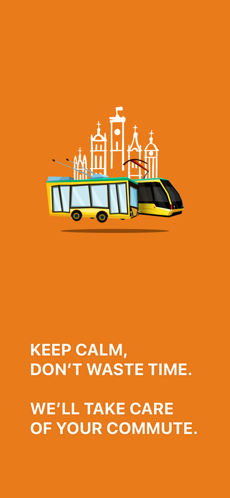 Public Transport Lviv - Public Transport Lviv app introduction screen featuring yellow trams and the city skyline on an orange background