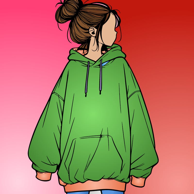 realistic girl with a oversized sweatshirt on and a bun