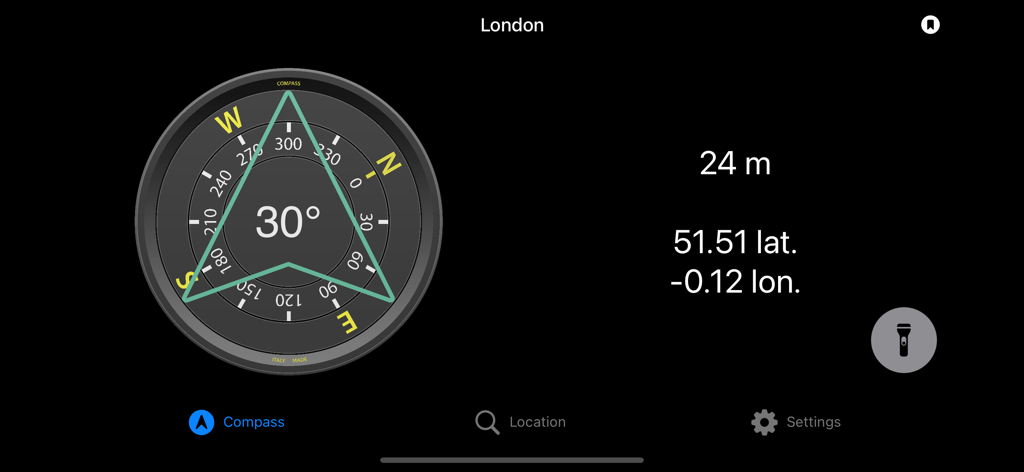 Compass Pro - Aircraft - Compass Pro Aircraft app interface in landscape mode showing heading, altitude, and GPS coordinates for London