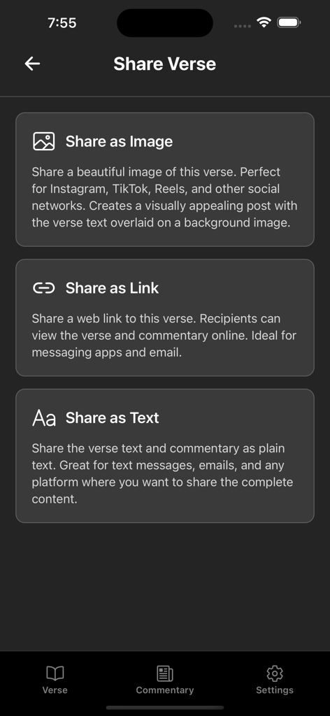 Verse-A-Day Daily Bible Verses - La pantalla Compartir Versículo en la aplicación mostrando opciones para compartir escrituras como enlace de imagen o texto plano.