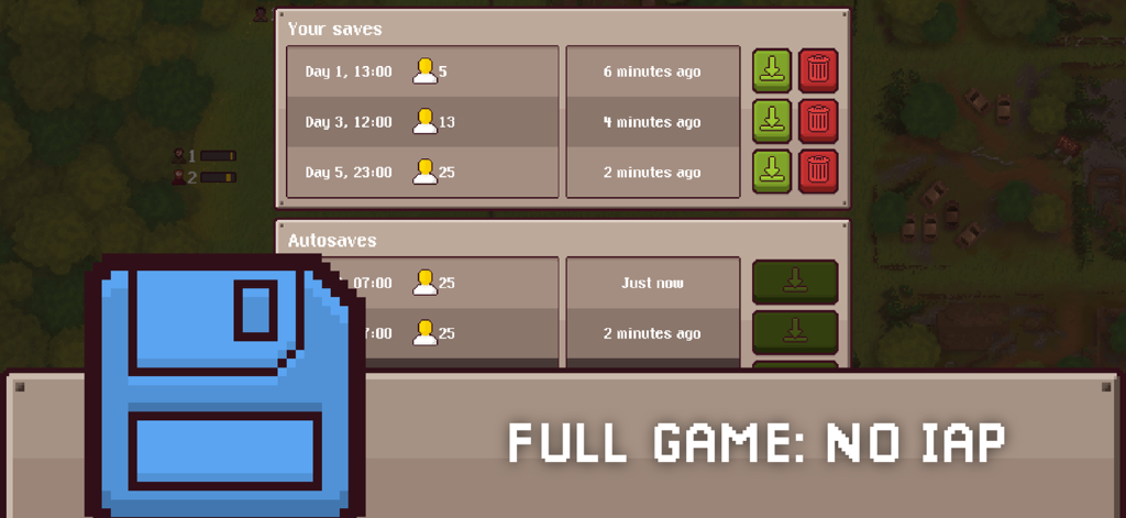 Pantalla de gestión de partidas guardadas de Final Outpost Definitive con el mensaje de juego completo sin compras dentro de la aplicación.