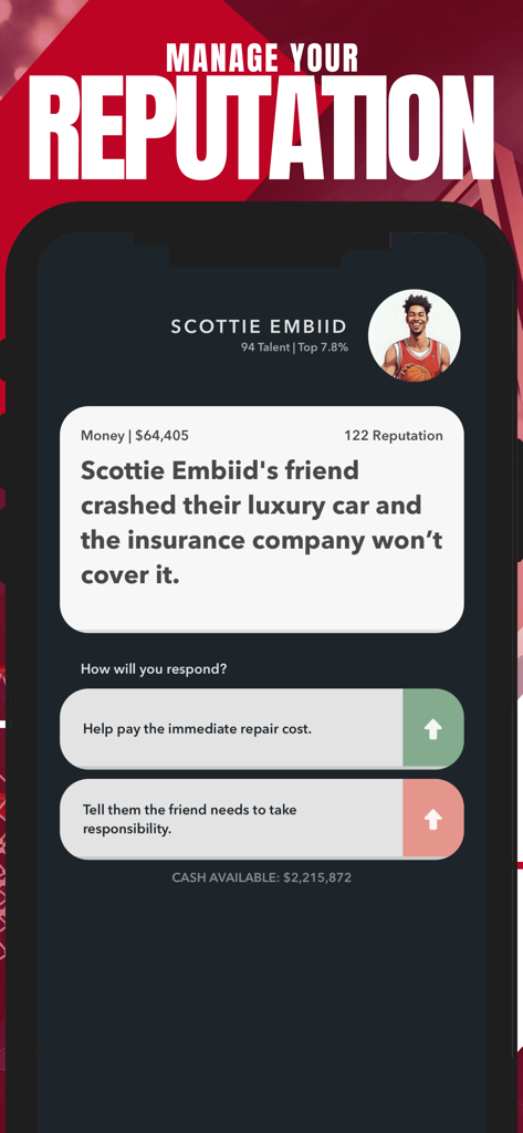Basketball Agent Manager Star - A decision screen in Basketball Agent Manager Star for managing player reputation and dealing with off court incidents.