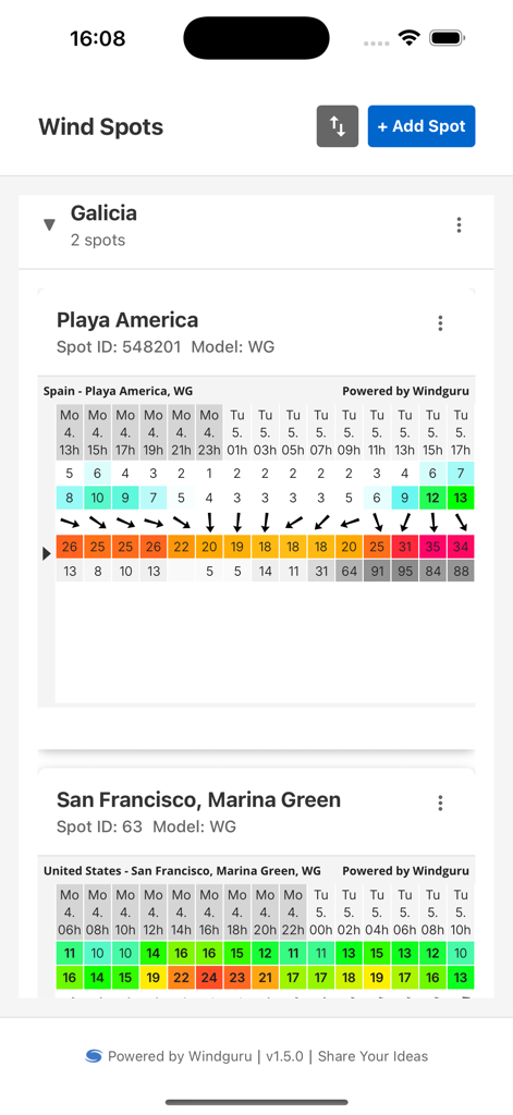Interfaz de la aplicación Windguru Spots que muestra tablas de pronóstico de viento para múltiples lugares