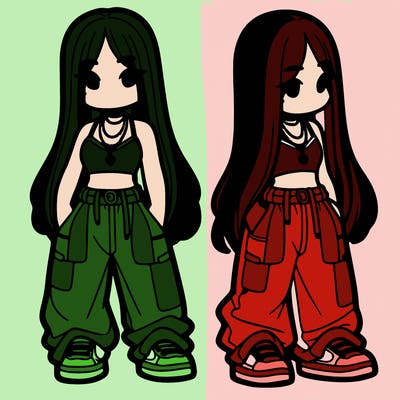 girl in baggy pants crop top and long hair