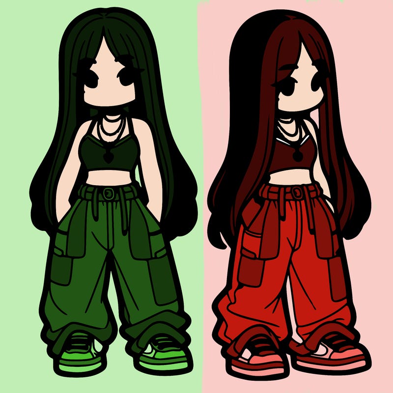 girl in baggy pants crop top and long hair