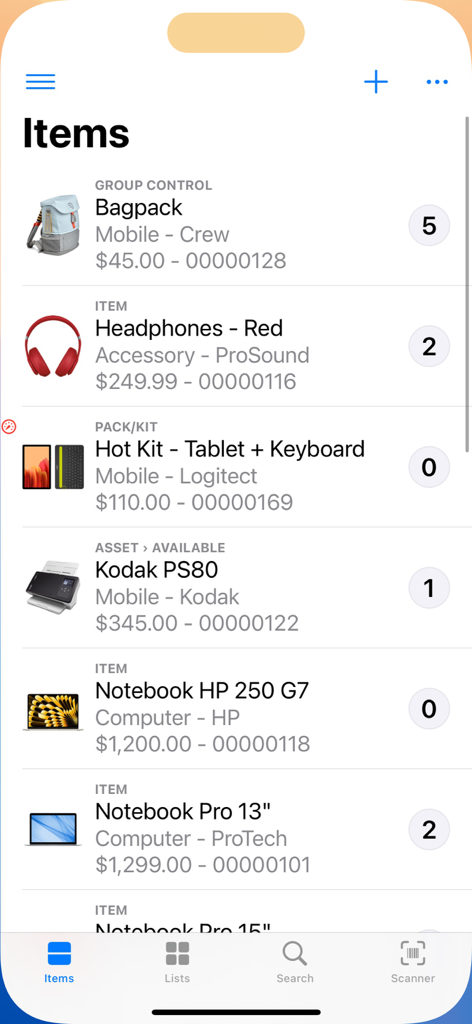 Inventory for Business app showing a list of items with prices and stock quantities
