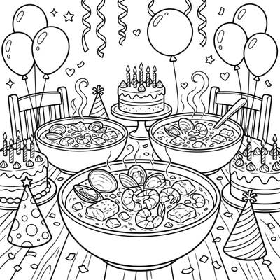 Get ready for a unique celebration with this festive coloring page featuring a delicious seafood chowder birthday party. Enjoy bringing color to steaming bowls, yummy cakes, and cheerful decorations perfect for any age.