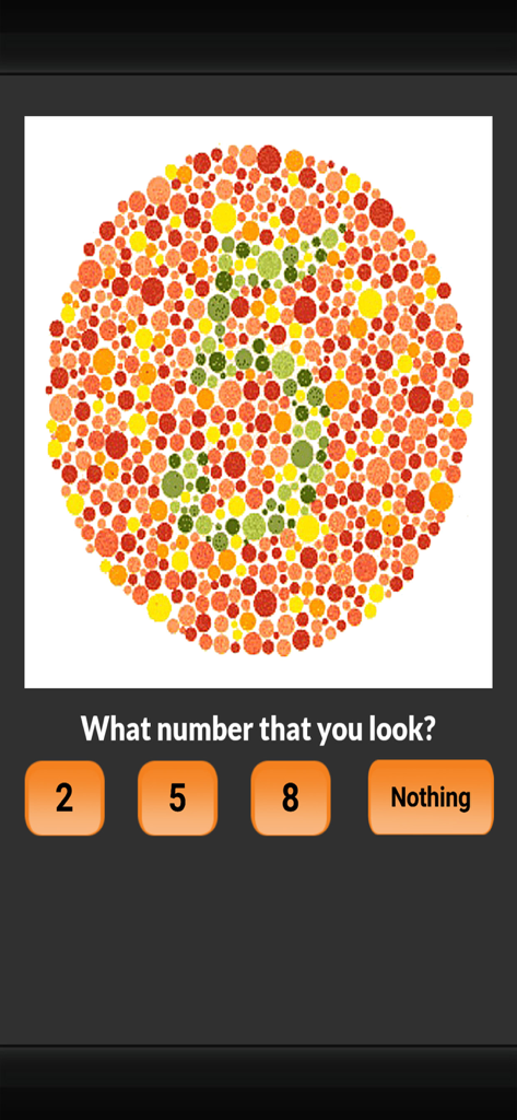 Color Blindness Test Ishihara - Pantalla de prueba de daltonismo Ishihara con una lámina punteada y opciones de números de opción múltiple