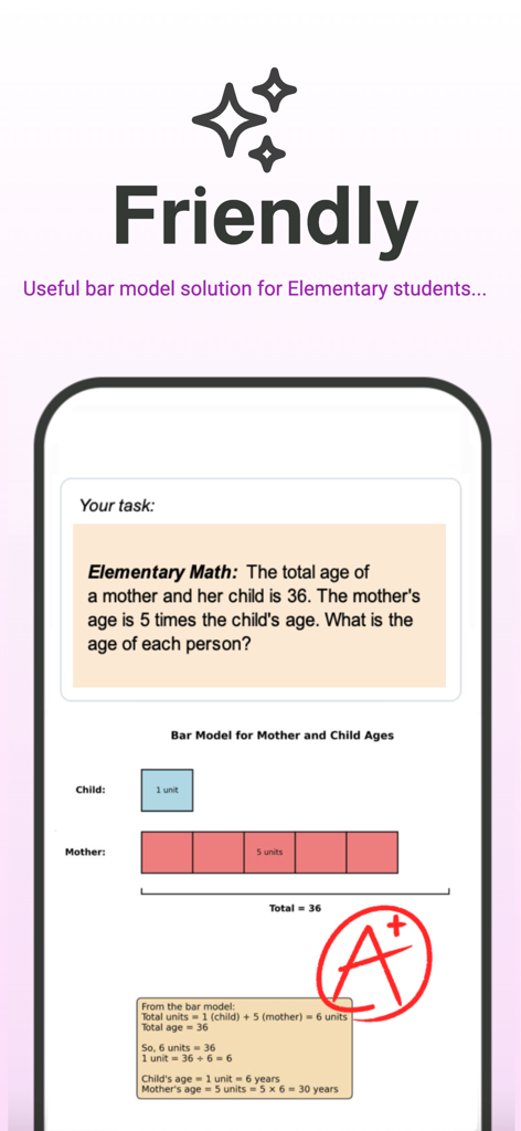H2Cアプリが、小学校の算数の文章問題に対する段階的な視覚的なバーモデルの解決策を表示している様子