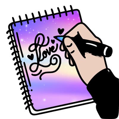 a hand writing “love” in calligraphy on a notebook