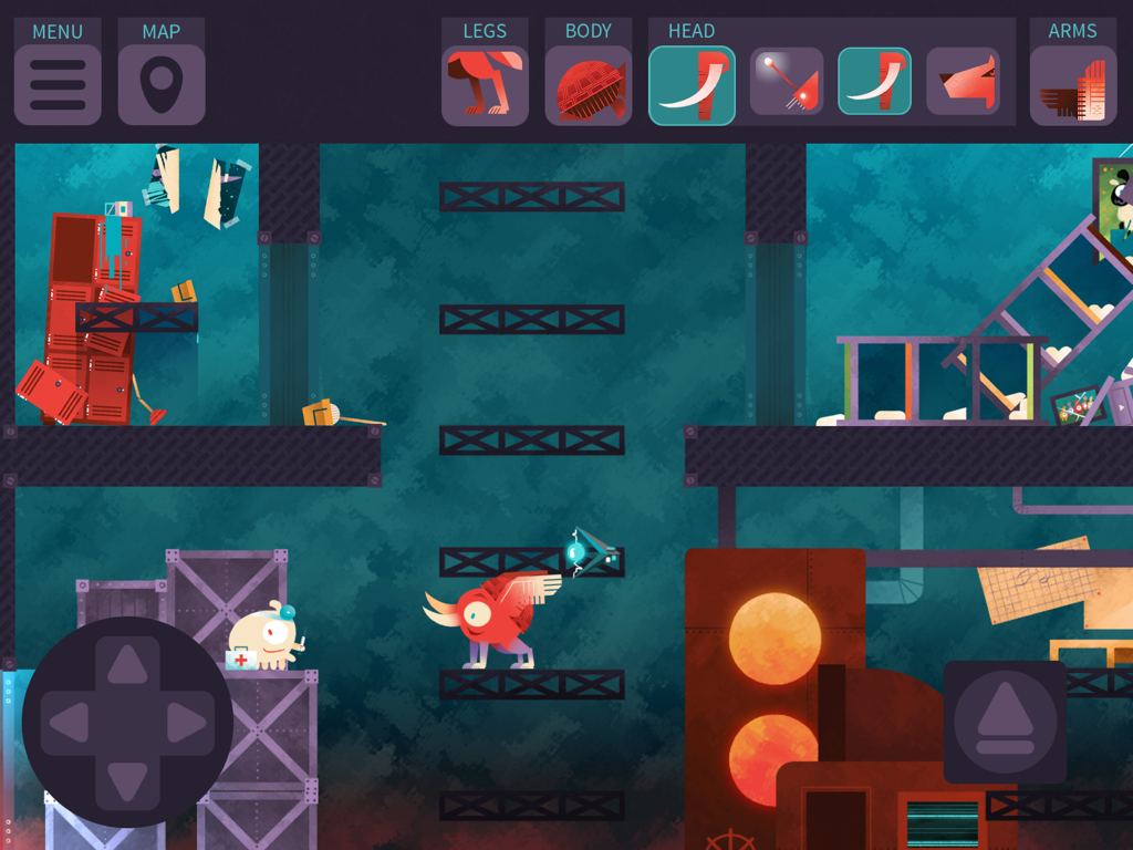 Morphy! - Morphy! gameplay screen showing an alien character in a laboratory environment with icons to customize its body parts and traits