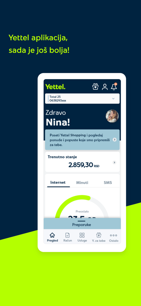 Interfaccia dell'app mobile Yettel SRB che mostra la dashboard dell'utente con il saldo del conto e il monitoraggio dell'utilizzo di internet