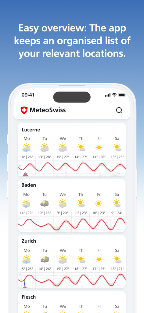 MeteoSwiss app interface showing an organized list of weather forecasts for multiple Swiss locations