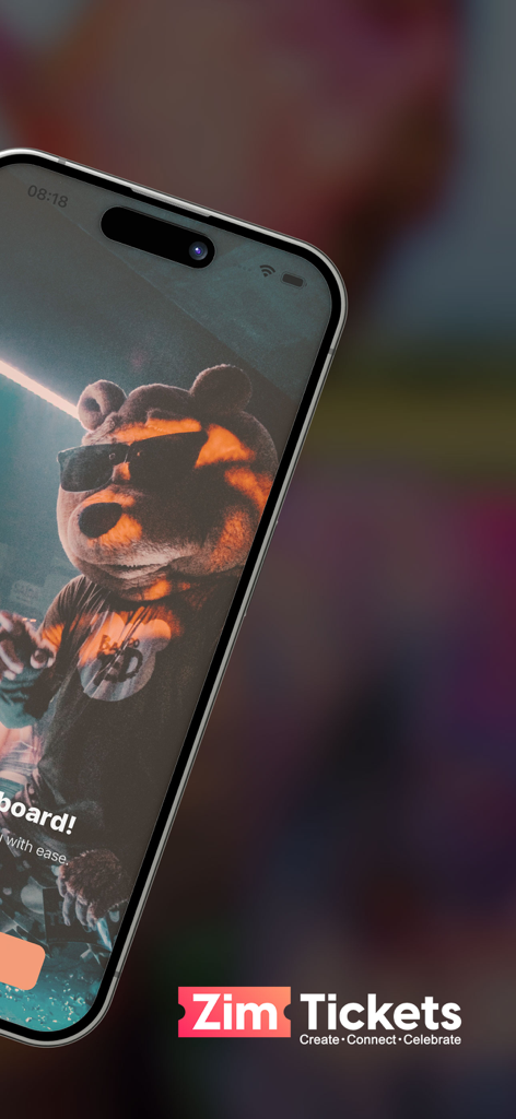 Zim Tickets - Smartphone screen showing Zim Tickets app logo and a bear mascot wearing sunglasses