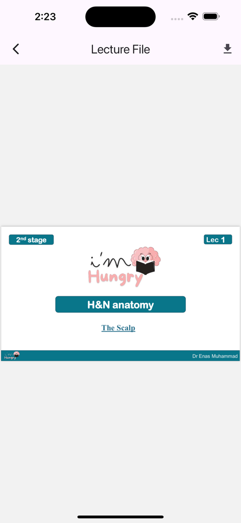 Um arquivo de aula do aplicativo I'm Hungry intitulado anatomia de cabeça e pescoço focado no couro cabeludo para estudantes de odontologia.