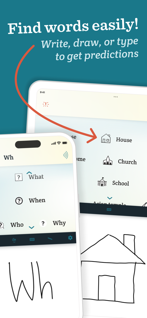 Interfaccia dell'app Spoken CAA che mostra il riconoscimento della scrittura a mano e del disegno per le previsioni delle parole.