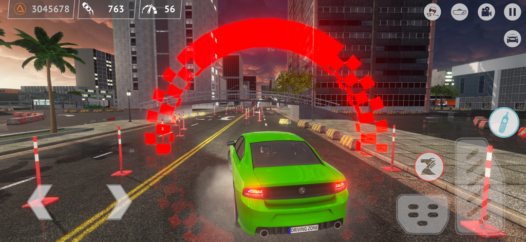 Driving Zone - Green sports car drifting through a red digital arch in a city street at sunset