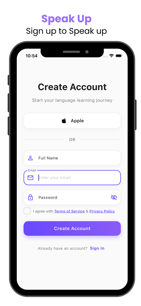 Speak-Up App - Sign up screen of the Speak-Up language learning app featuring fields for name, email, and password with an option to continue with Apple.