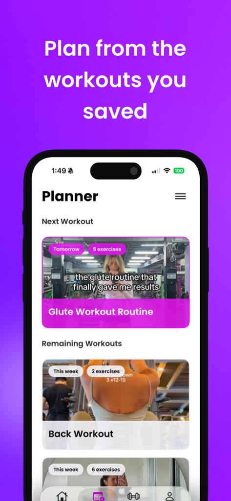 Tela do planejador do aplicativo Gymdex exibindo treinos salvos de mídia social para rotinas de glúteos e costas