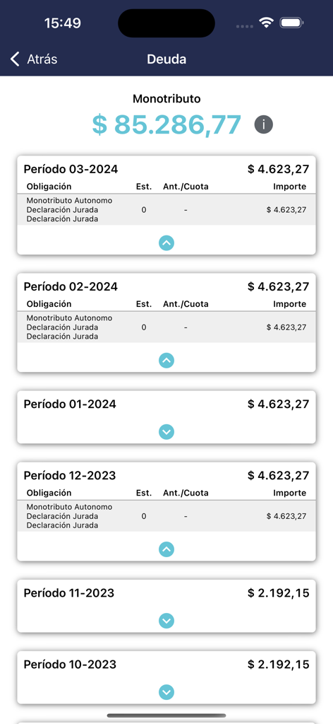 ARCA Movilアプリ画面、アルゼンチンの単一税の月次税金債務を表示