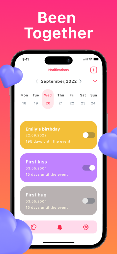 관계 이정표 알림과 생일 및 기념일 카운트다운을 표시하는 모바일 앱 인터페이스.