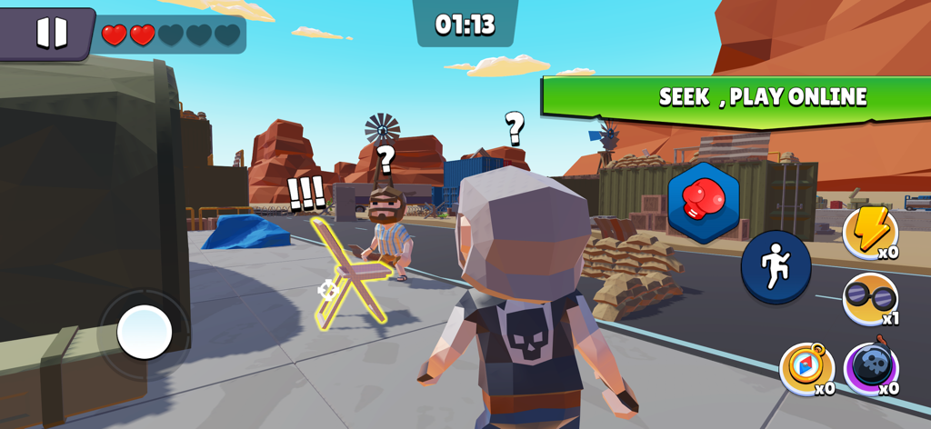 Hunter chasing a chair prop in a desert arena in Hunters vs Props Online