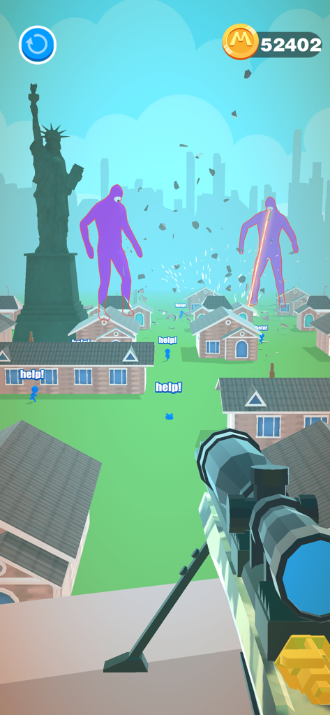 First person sniper aiming at purple giants in a city with the Statue of Liberty
