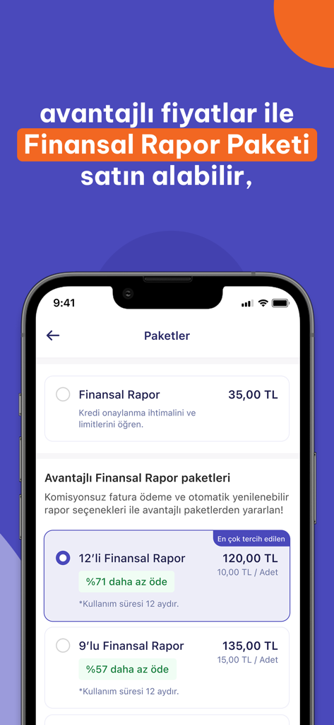 HangiKredi - Finansal Asistan - HangiKredi app screen showing financial report package options and pricing